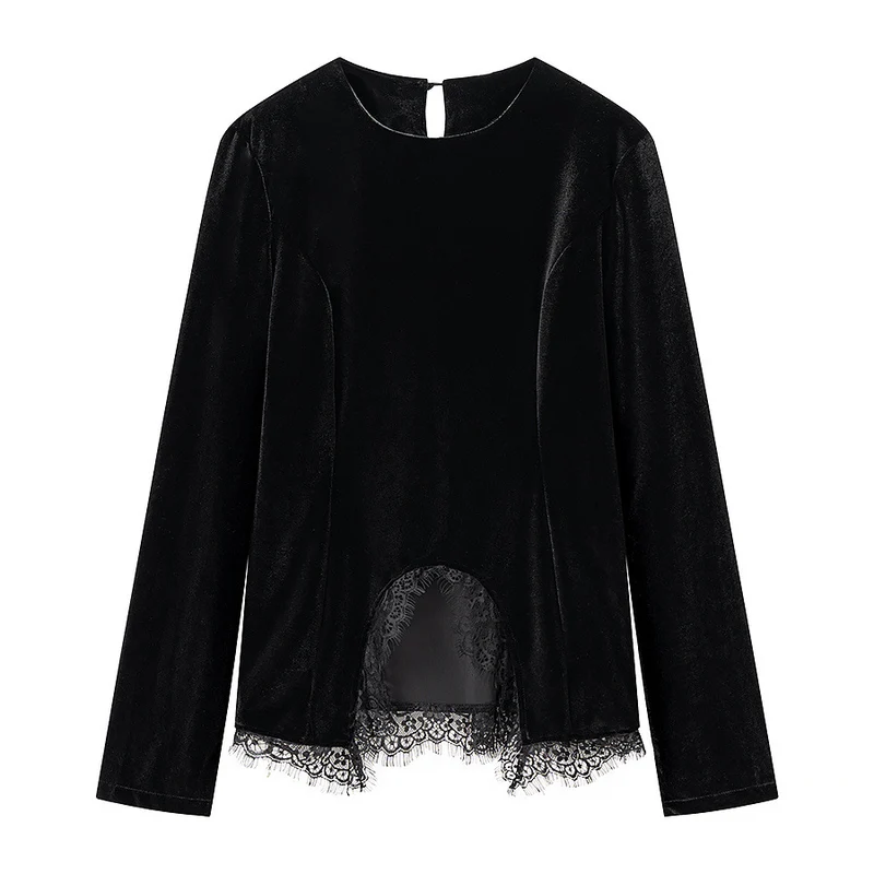 Damen Samtshirt mit asymmetrischem Spitzen-Saum und Schlitzdetail Drune