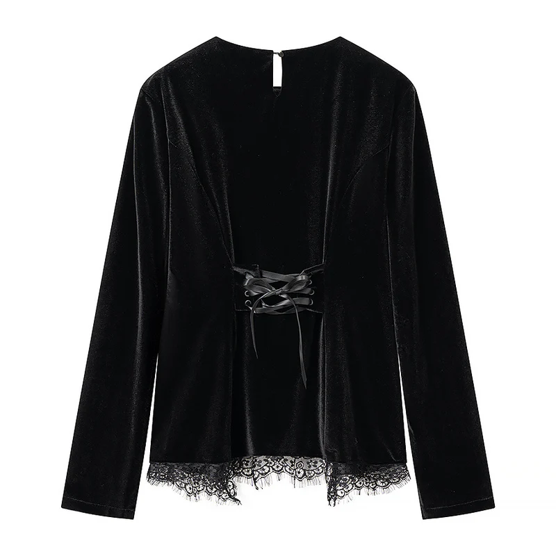 Damen Samtshirt mit asymmetrischem Spitzen-Saum und Schlitzdetail Drune