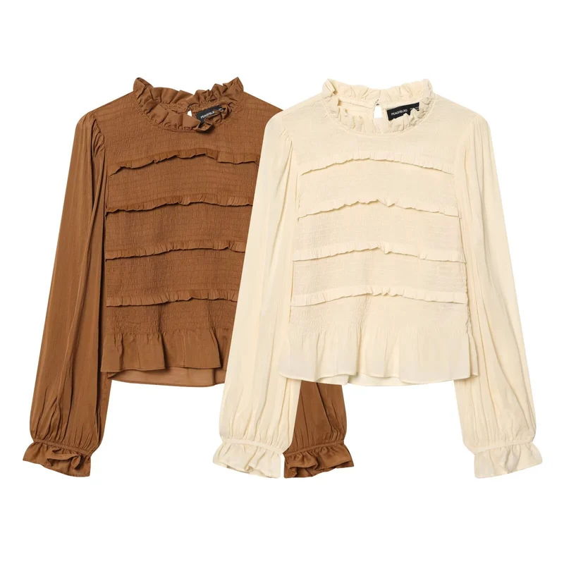 Damen Rüschenbluse mit smock‑Tiers, Stehkragen und weiten Ballonärmeln Drune