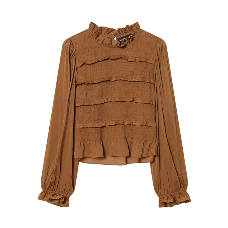 Damen Rüschenbluse mit smock‑Tiers, Stehkragen und weiten Ballonärmeln Drune