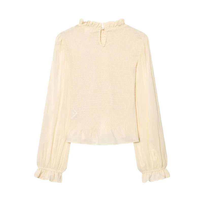 Damen Rüschenbluse mit smock‑Tiers, Stehkragen und weiten Ballonärmeln Drune