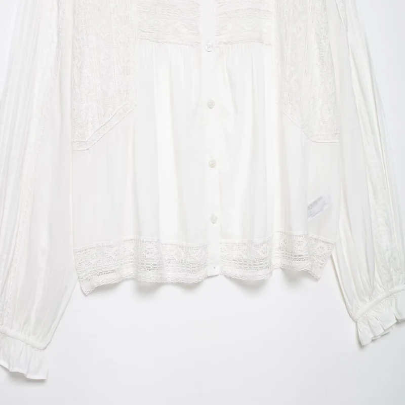 Damen Romantische Spitzenbluse mit Plisseefront, Spitzenpanelen und Ballonärmeln Drune