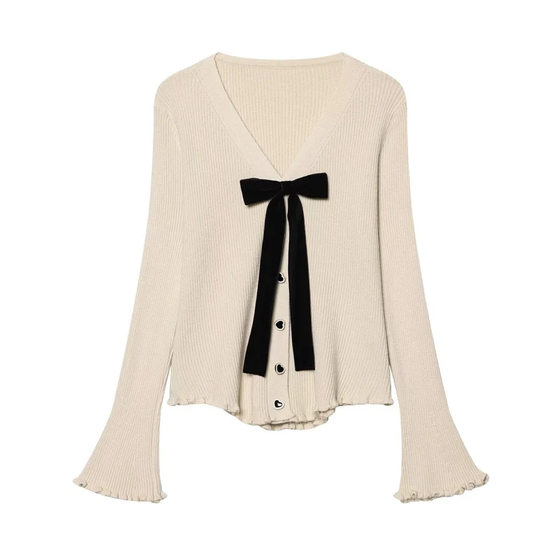 Damen Rippstrick-Cardigan mit V-Ausschnitt, Glockenärmeln, Herzknopfleiste und Samtschleife Drune