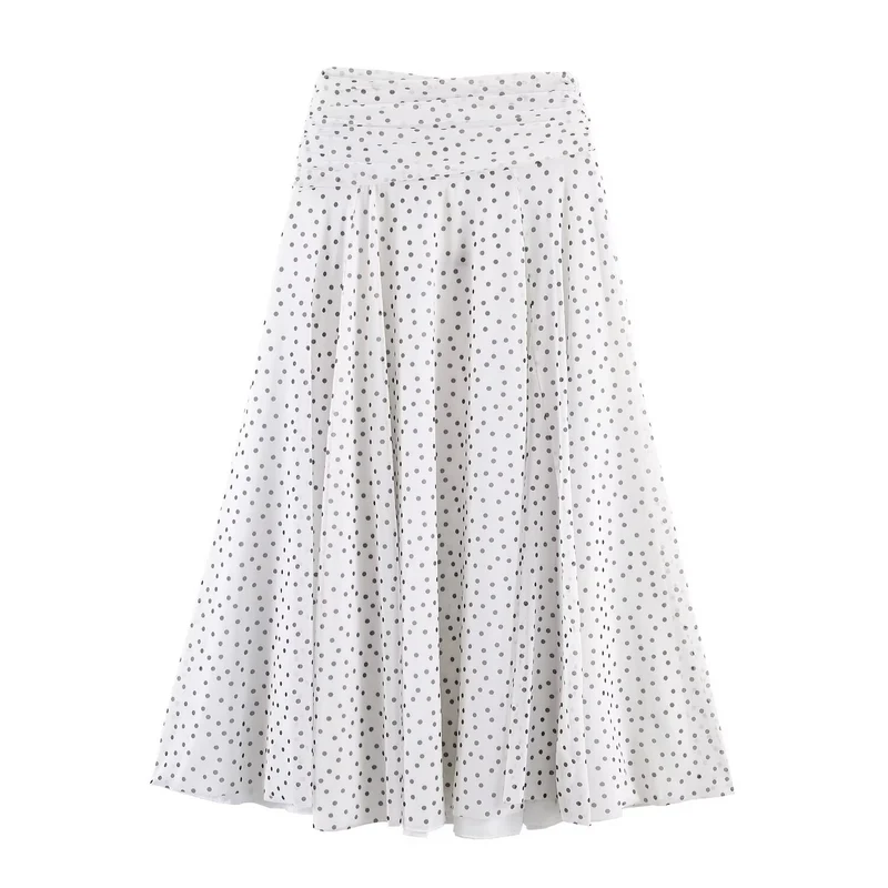 Damen Polka-Dot Midirock mit hohem Bund, A-Linie und mehrlagigem Chiffon Drune