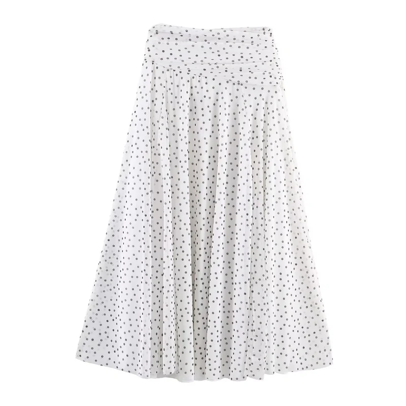 Damen Polka-Dot Midirock mit hohem Bund, A-Linie und mehrlagigem Chiffon Drune