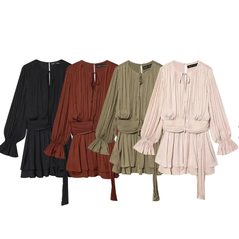 Damen Plissiertes Bindeblouson-Minikleid mit tailliertem Wickelgürtel und Glockenärmeln Drune
