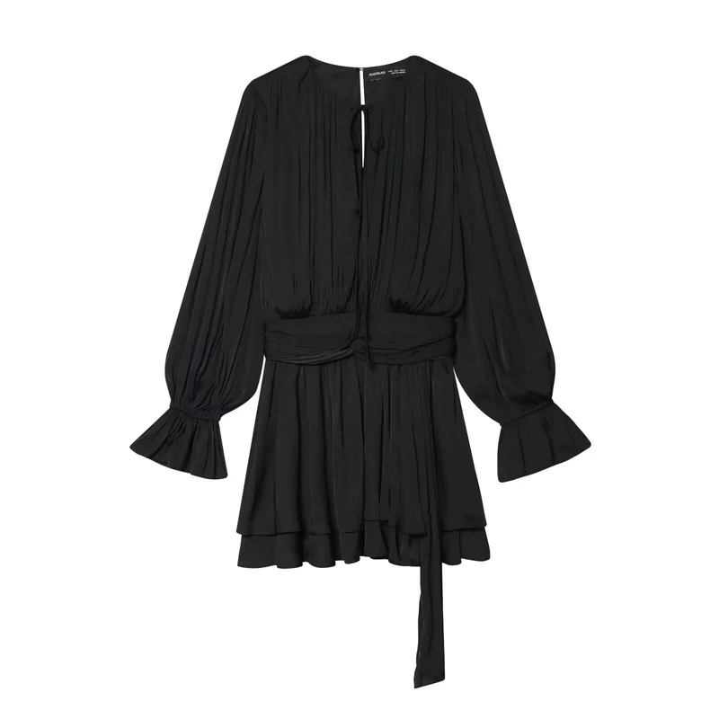 Damen Plissiertes Bindeblouson-Minikleid mit tailliertem Wickelgürtel und Glockenärmeln Drune