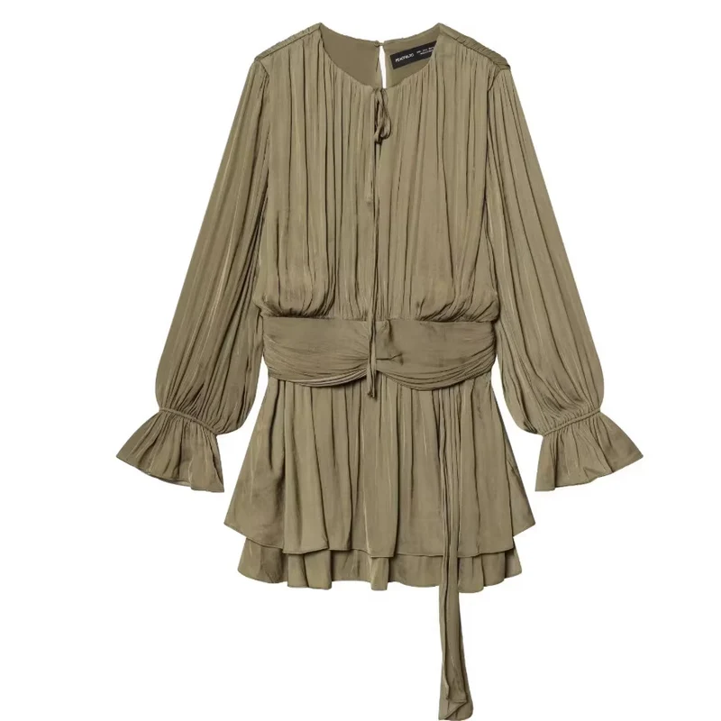 Damen Plissiertes Bindeblouson-Minikleid mit tailliertem Wickelgürtel und Glockenärmeln Drune