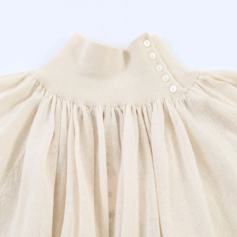 Damen Plissierter Feinstrick-Pullover mit Stehkragen und Ballonärmeln Drune