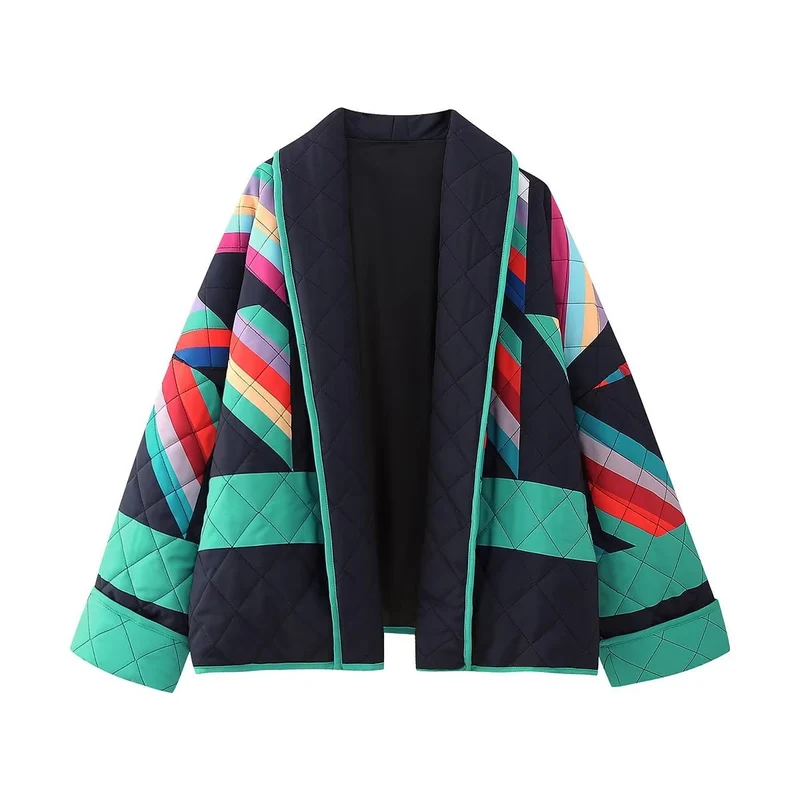 Damen Oversized Stepp-Kimonojacke mit geometrischem Farbblock-Print und weitem Ärmelschnitt Drune