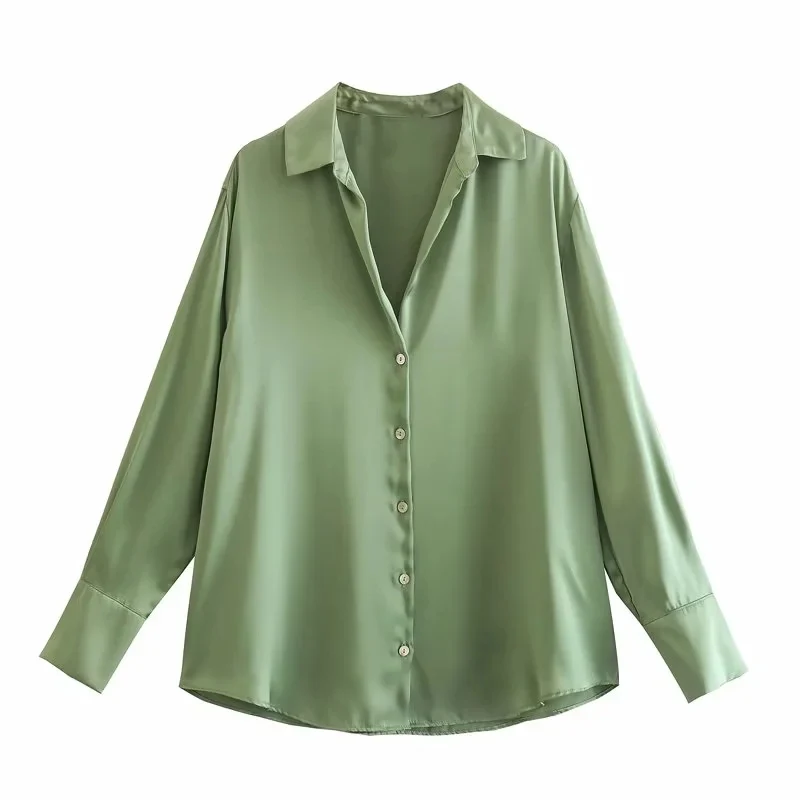 Damen Oversized Satinbluse mit Hemdkragen und breiten Manschetten Drune