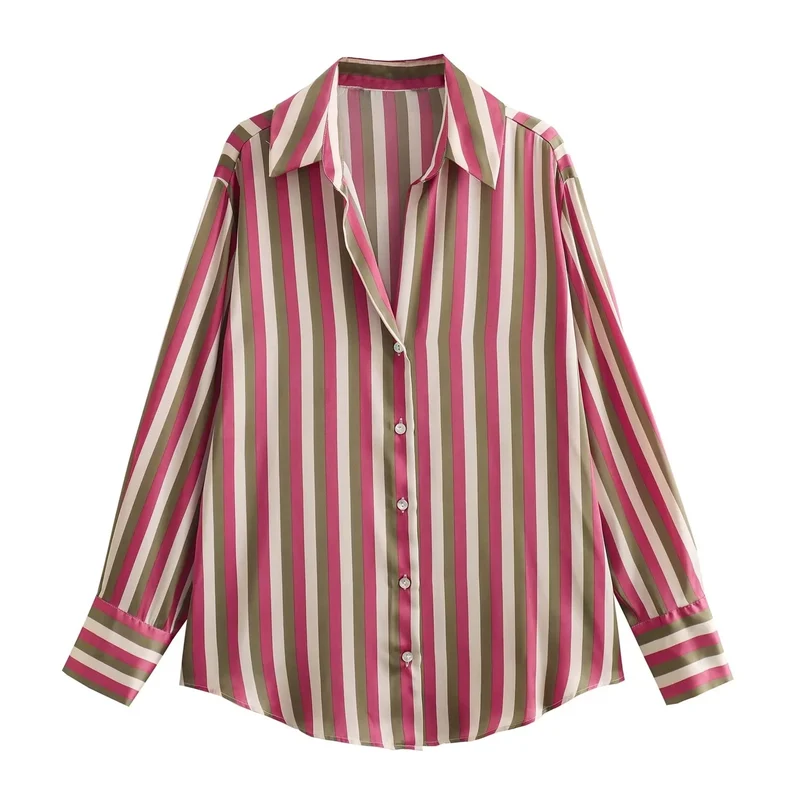 Damen Oversized Satinbluse mit Hemdkragen und breiten Manschetten Drune