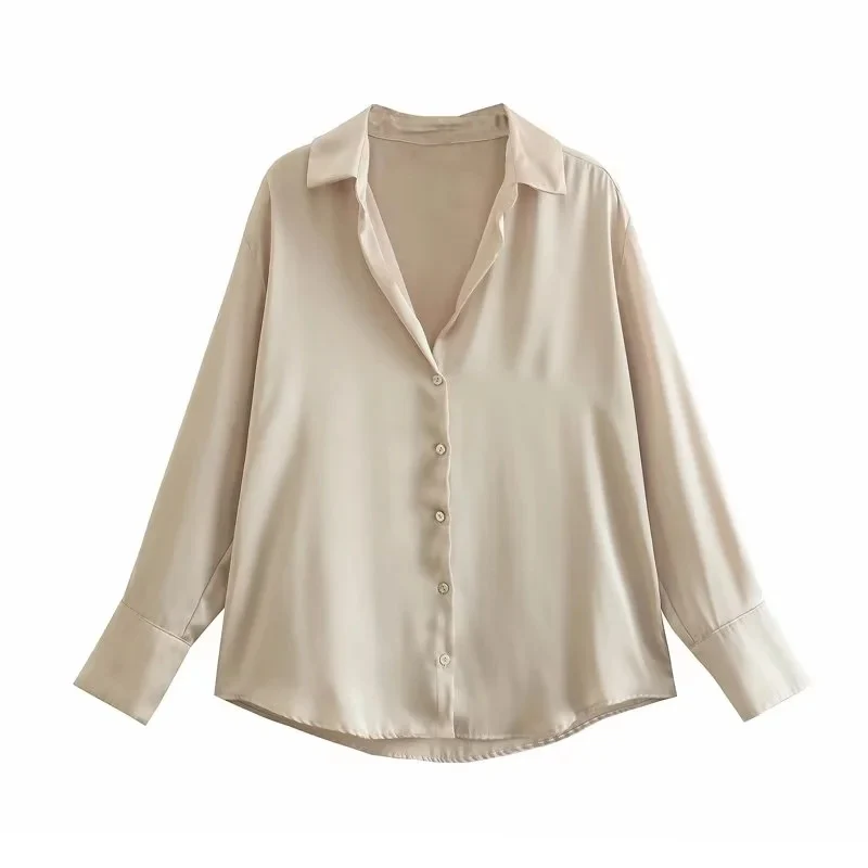 Damen Oversized Satinbluse mit Hemdkragen und breiten Manschetten Drune
