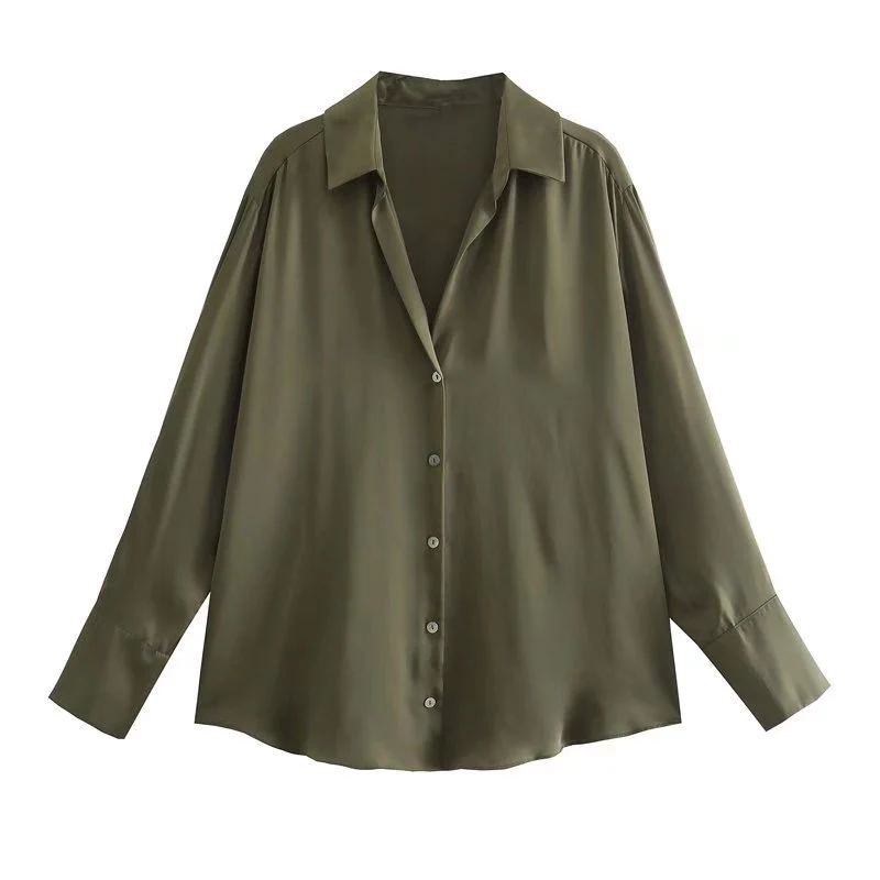 Damen Oversized Satinbluse mit Hemdkragen und breiten Manschetten Drune