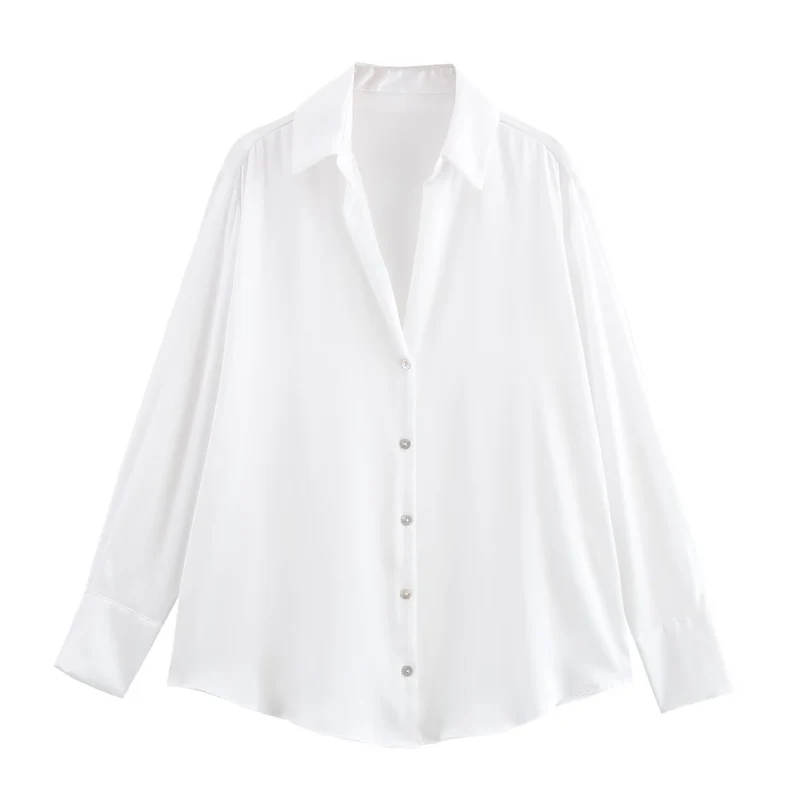 Damen Oversized Satinbluse mit Hemdkragen und breiten Manschetten Drune