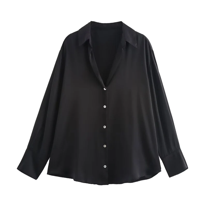 Damen Oversized Satinbluse mit Hemdkragen und breiten Manschetten Drune