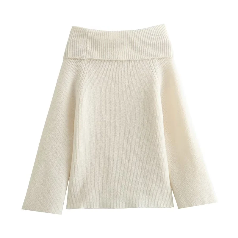 Damen Oversized Off-Shoulder Rippstrick-Pullover mit großem Wendkragen Drune