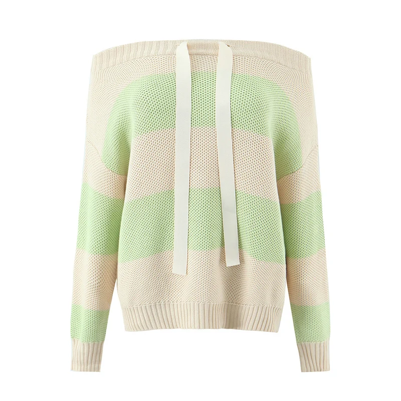 Damen Oversized Off-Shoulder-Pullover mit Carmenkragen, Waffelstrick und Zierbändern Drune