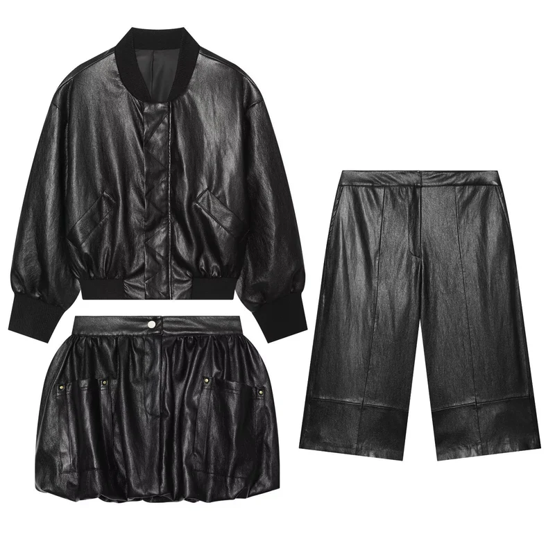 Damen Oversized Lederimitat-Bomberjacke mit Rippbündchen und aufgesetzten Taschen Drune