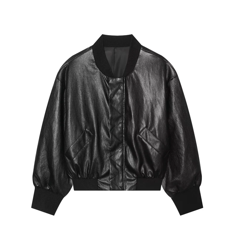 Damen Oversized Lederimitat-Bomberjacke mit Rippbündchen und aufgesetzten Taschen Drune