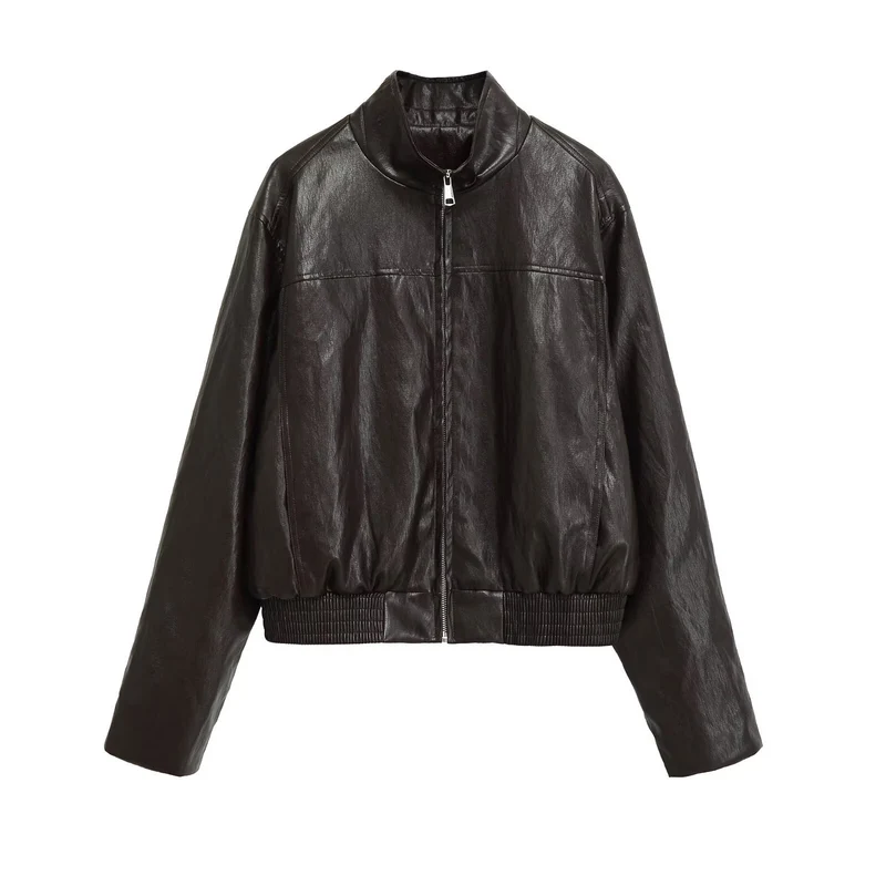 Damen Oversized-Lederblouson im Bomberstil mit Stehkragen und geripptem Saum Drune