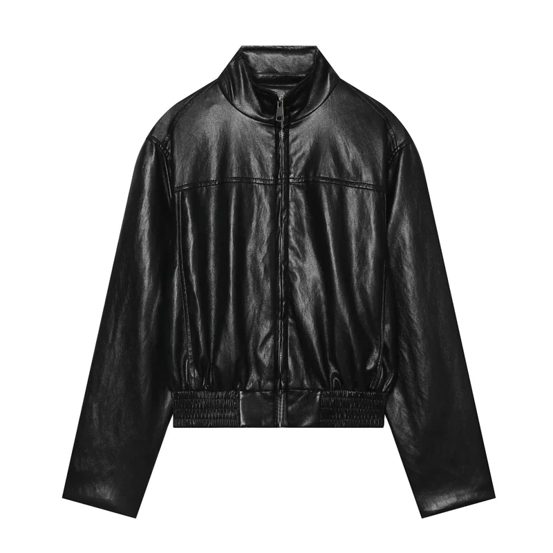 Damen Oversized-Lederblouson im Bomberstil mit Stehkragen und geripptem Saum Drune