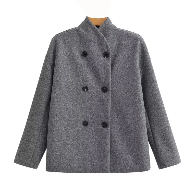 Damen Oversized Doppelreihiger Wollmantel mit Stehkragen Drune