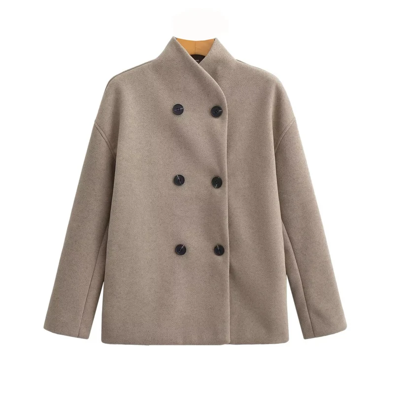 Damen Oversized Doppelreihiger Wollmantel mit Stehkragen Drune