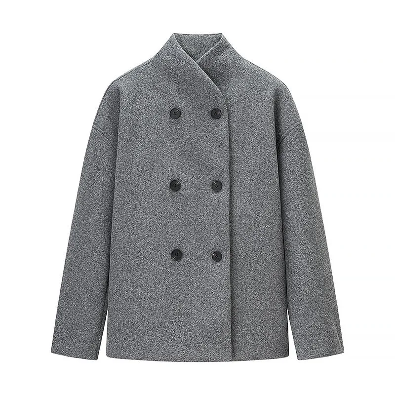 Damen Oversized Doppelreihiger Wollmantel mit Stehkragen Drune