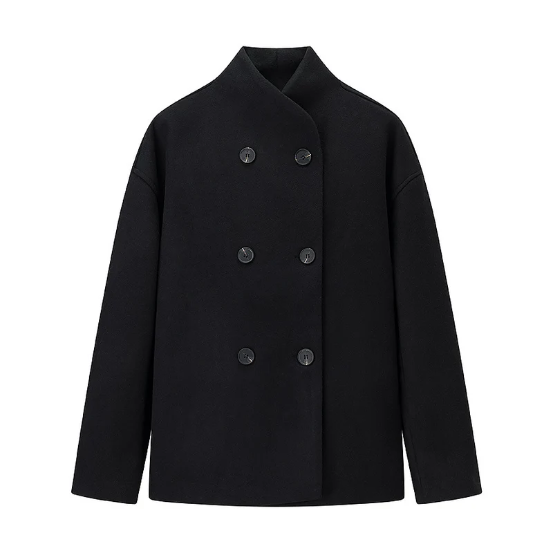 Damen Oversized Doppelreihiger Wollmantel mit Stehkragen Drune