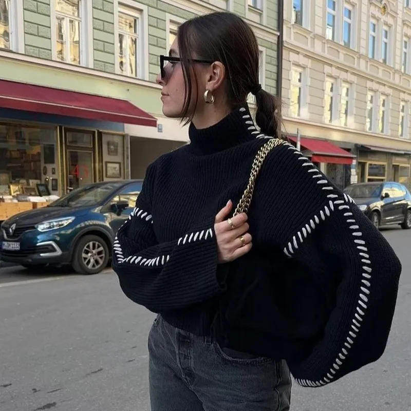 Damen Oversized Cropped Strickpullover mit Kontraststich und Raglanärmeln Drune