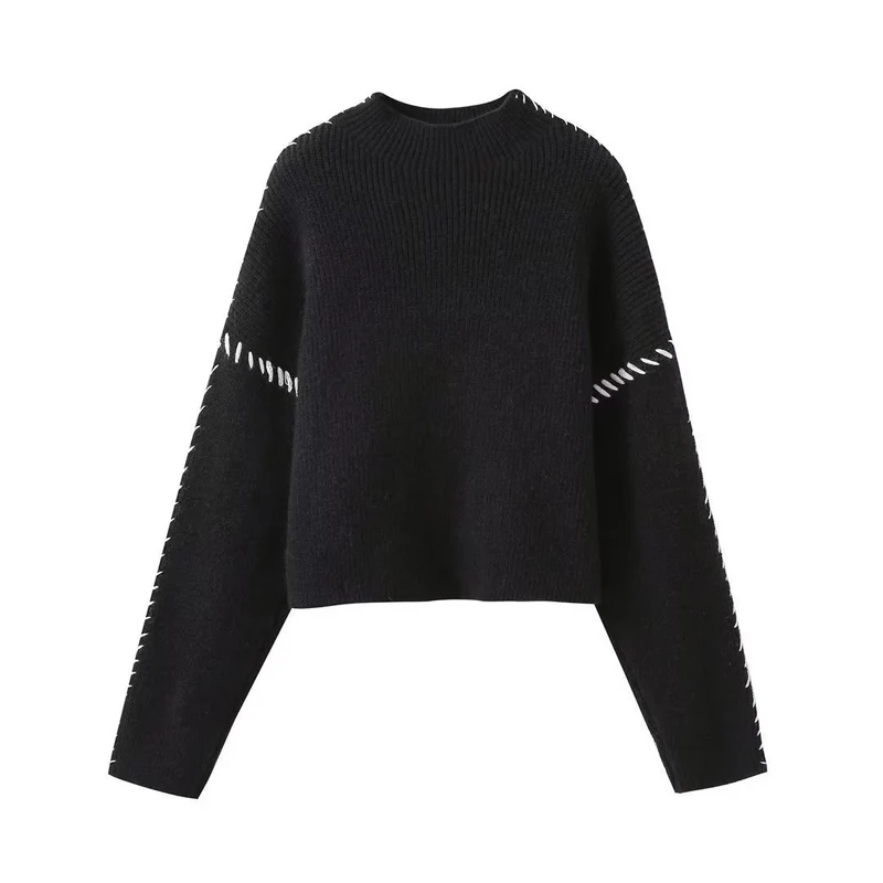 Damen Oversized Cropped Strickpullover mit Kontraststich und Raglanärmeln Drune