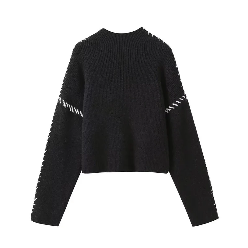 Damen Oversized Cropped Strickpullover mit Kontraststich und Raglanärmeln Drune
