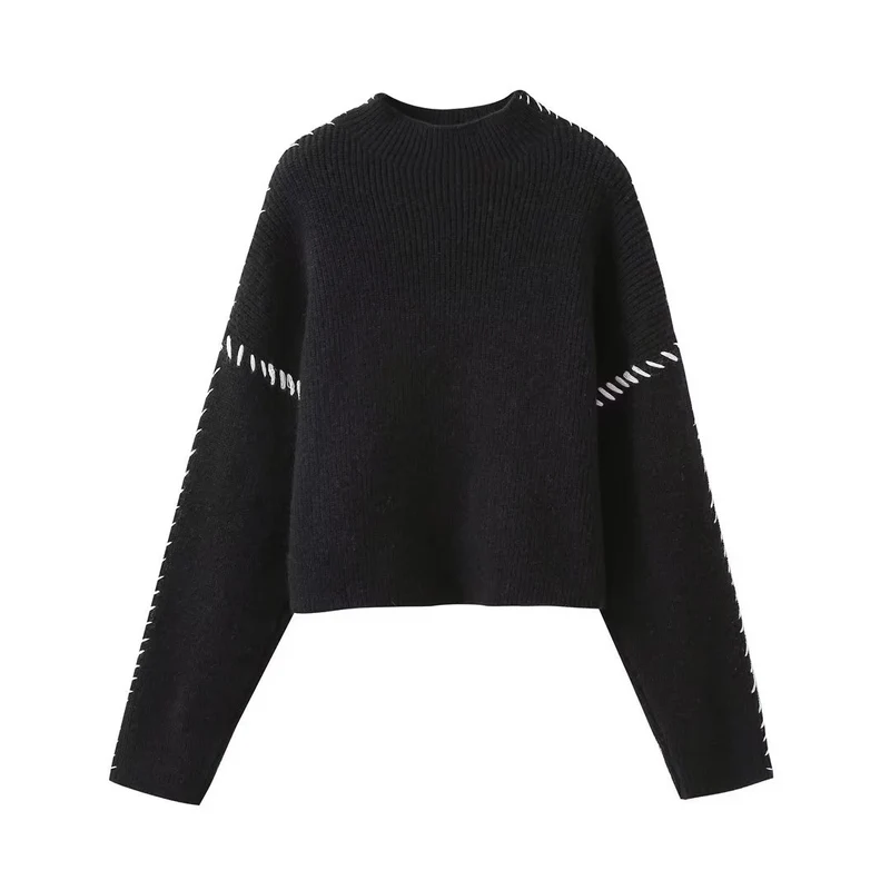 Damen Oversized Cropped Strickpullover mit Kontraststich und Raglanärmeln Drune