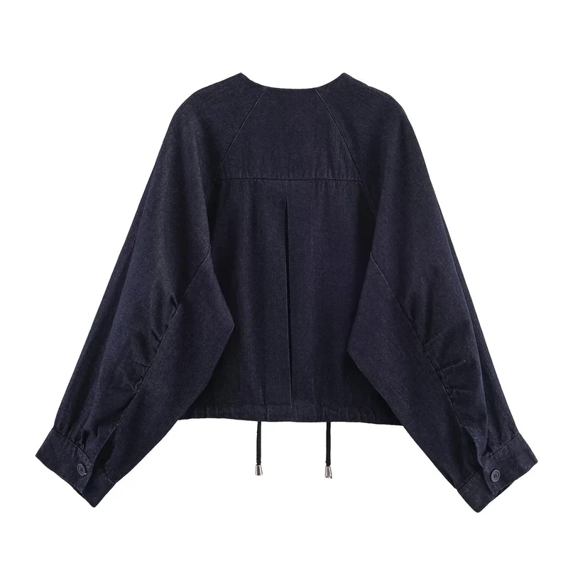 Damen Oversized Cropped Denim-Jacke mit Tunnelzug, Raglanärmeln und verdeckter Druckknopfleiste Drune