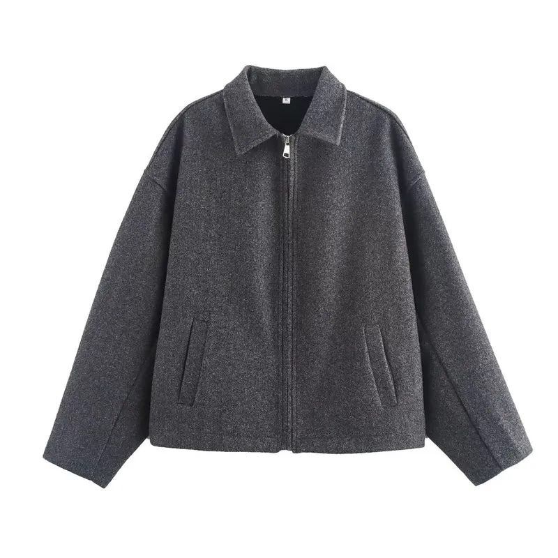 Damen Oversize Wollmix-Boxyjacke mit durchgehendem Reißverschluss und Eingrifftaschen Drune