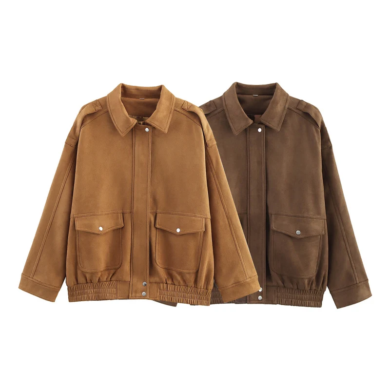 Damen Oversize Velours-Optik Jacke mit Pattentaschen, Druckknopffront und elastischem Saum Drune