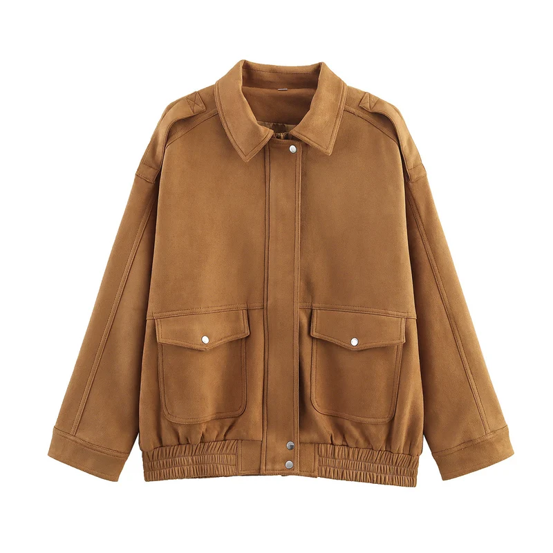 Damen Oversize Velours-Optik Jacke mit Pattentaschen, Druckknopffront und elastischem Saum Drune