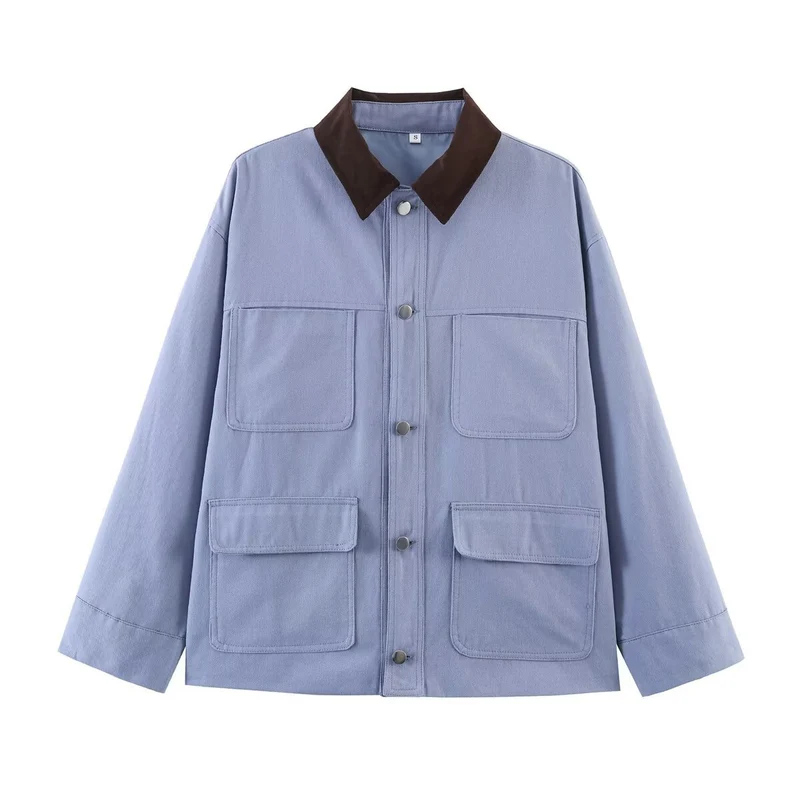Damen Oversize Utility-Jacke mit Kontrastkragen und aufgesetzten Taschen Drune