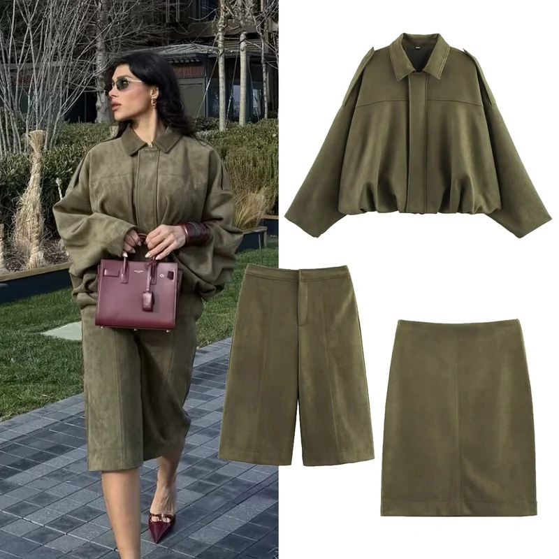Damen Oversize-Suedejacke mit Schulterklappen, verdeckter Knopfleiste und elastischem Saum Drune