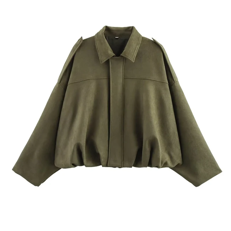 Damen Oversize-Suedejacke mit Schulterklappen, verdeckter Knopfleiste und elastischem Saum Drune