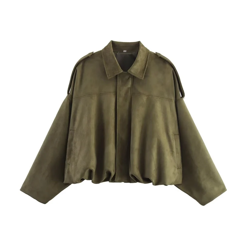 Damen Oversize-Suedejacke mit Schulterklappen, verdeckter Knopfleiste und elastischem Saum Drune