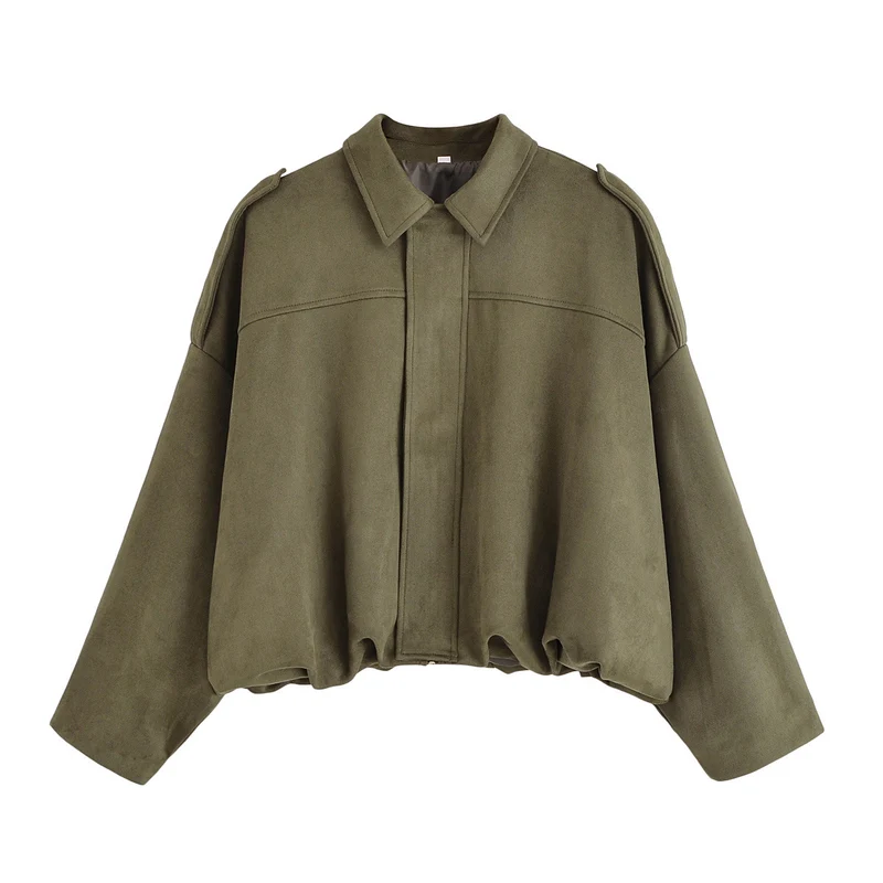 Damen Oversize-Suedejacke mit Schulterklappen, verdeckter Knopfleiste und elastischem Saum Drune