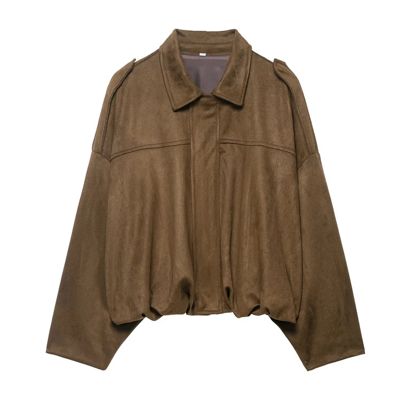 Damen Oversize-Suedejacke mit Schulterklappen, verdeckter Knopfleiste und elastischem Saum Drune