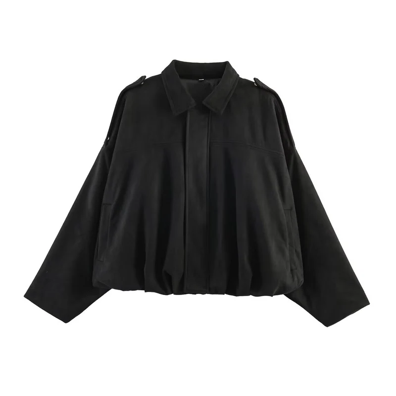 Damen Oversize-Suedejacke mit Schulterklappen, verdeckter Knopfleiste und elastischem Saum Drune