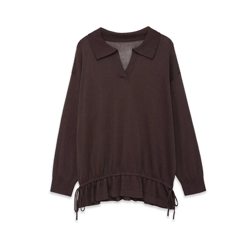 Damen Oversize-Pullover mit Polokragen, V-Ausschnitt und Tunnelzug Drune