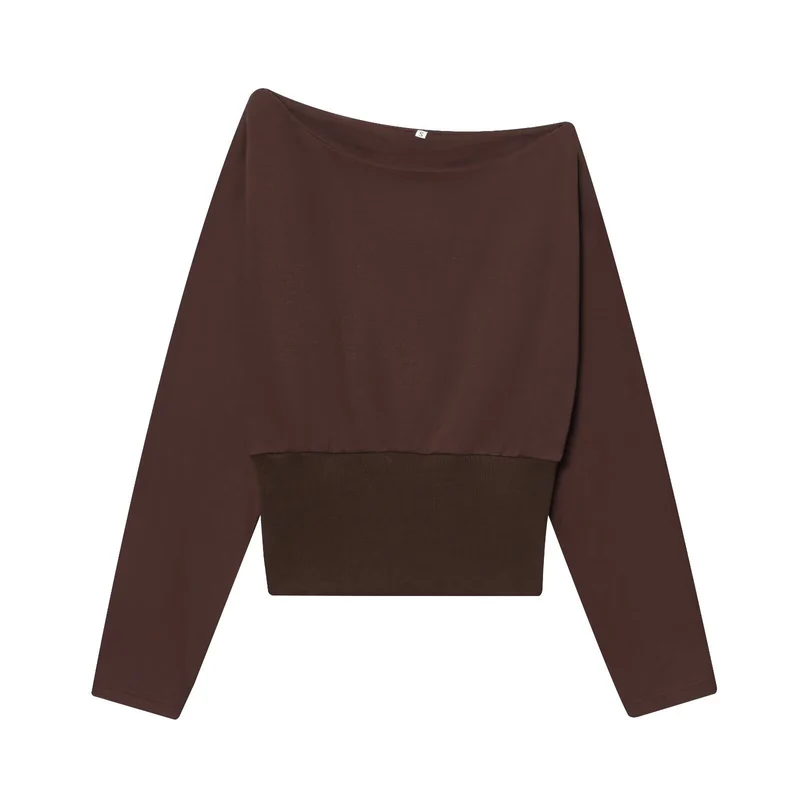 Damen Oversize Off-Shoulder Cropped-Pullover mit Fledermausärmeln und breitem Rippbündchen Drune
