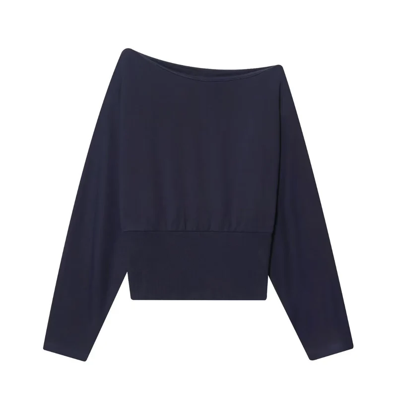 Damen Oversize Off-Shoulder Cropped-Pullover mit Fledermausärmeln und breitem Rippbündchen Drune
