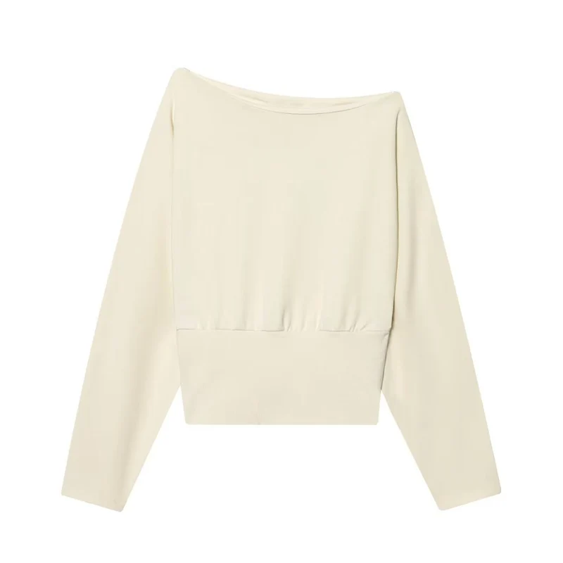 Damen Oversize Off-Shoulder Cropped-Pullover mit Fledermausärmeln und breitem Rippbündchen Drune