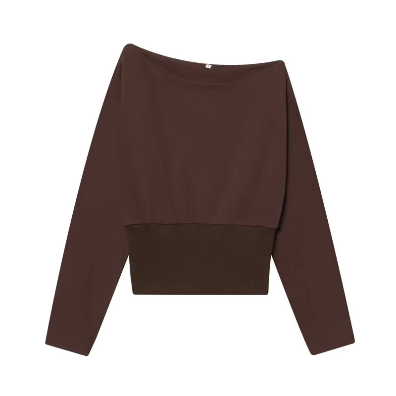 Damen Oversize Off-Shoulder Cropped-Pullover mit Fledermausärmeln und breitem Rippbündchen Drune